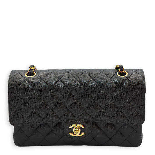 Classic Double Flap Medium Black Shoulder Bag in Caviar Leather, Gold hardware