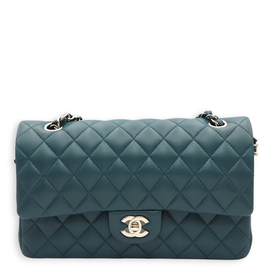 Classic Double Flap Medium Teal Shoulder Bag in Lambskin, Palladium hardware