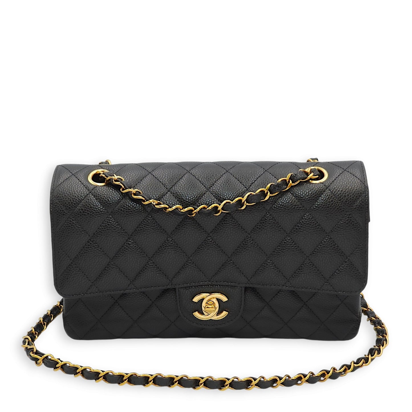Classic Double Flap Medium Black Shoulder Bag in Caviar Leather, Gold hardware