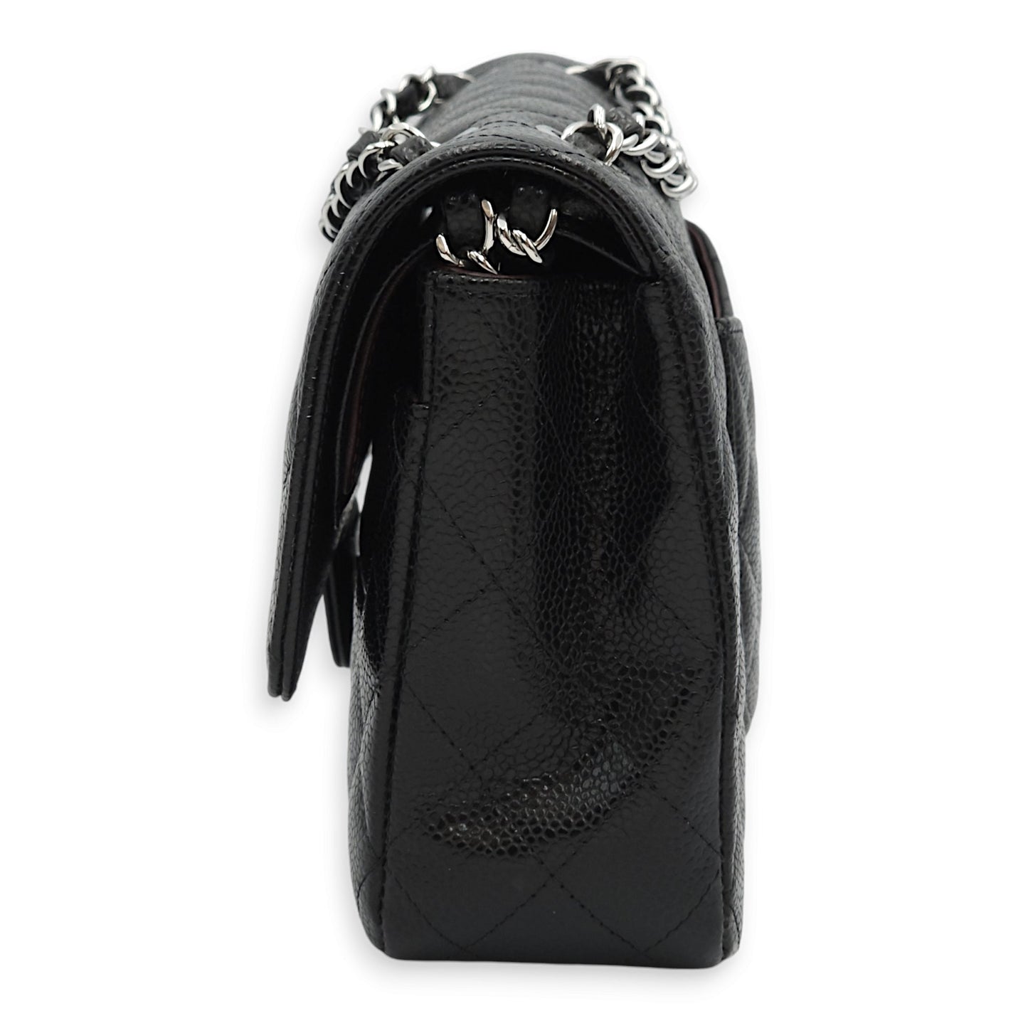Classic Double Flap Medium Black Shoulder Bag in Caviar Leather, Silver hardware