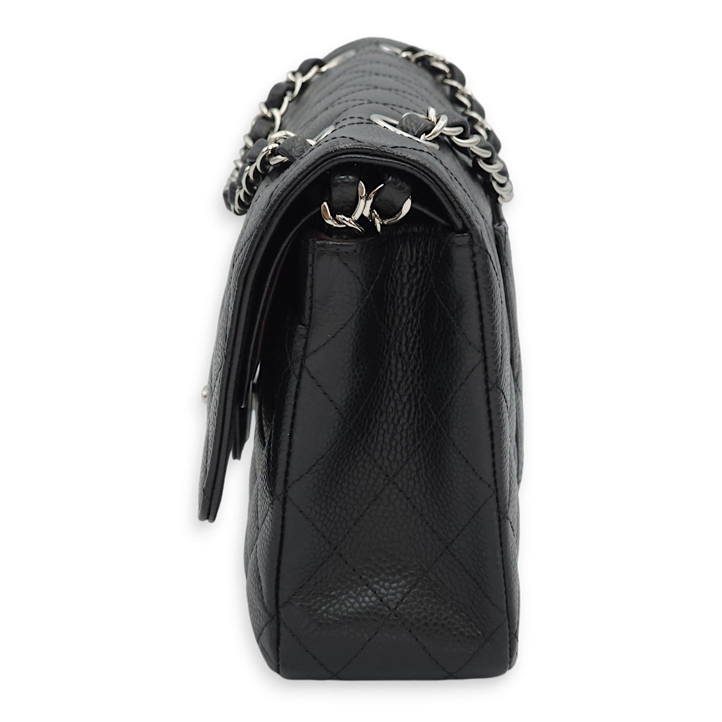 Classic Double Flap Medium Black Shoulder Bag in Caviar Leather, Silver hardware