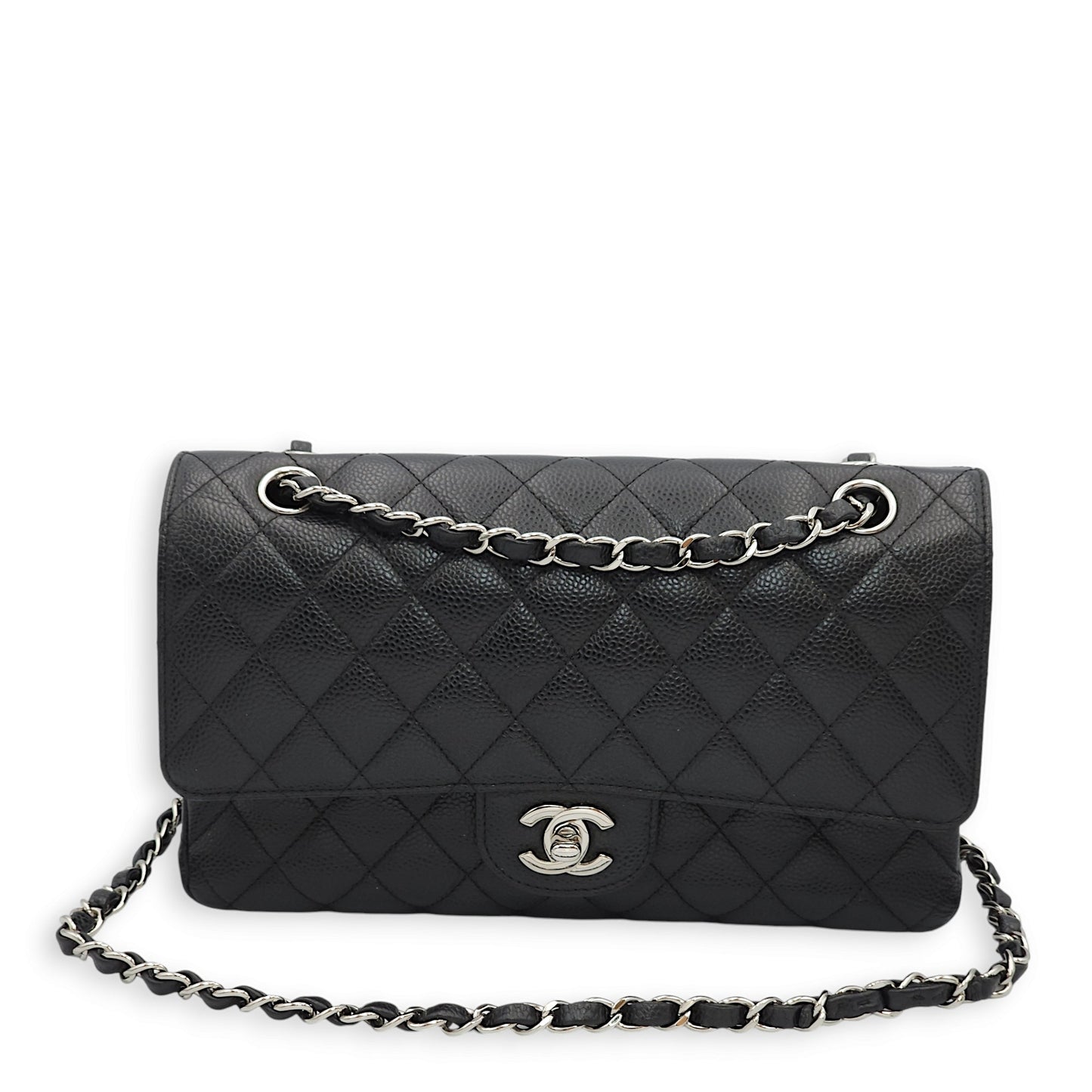 Classic Double Flap Medium Black Shoulder Bag in Caviar Leather, Silver hardware