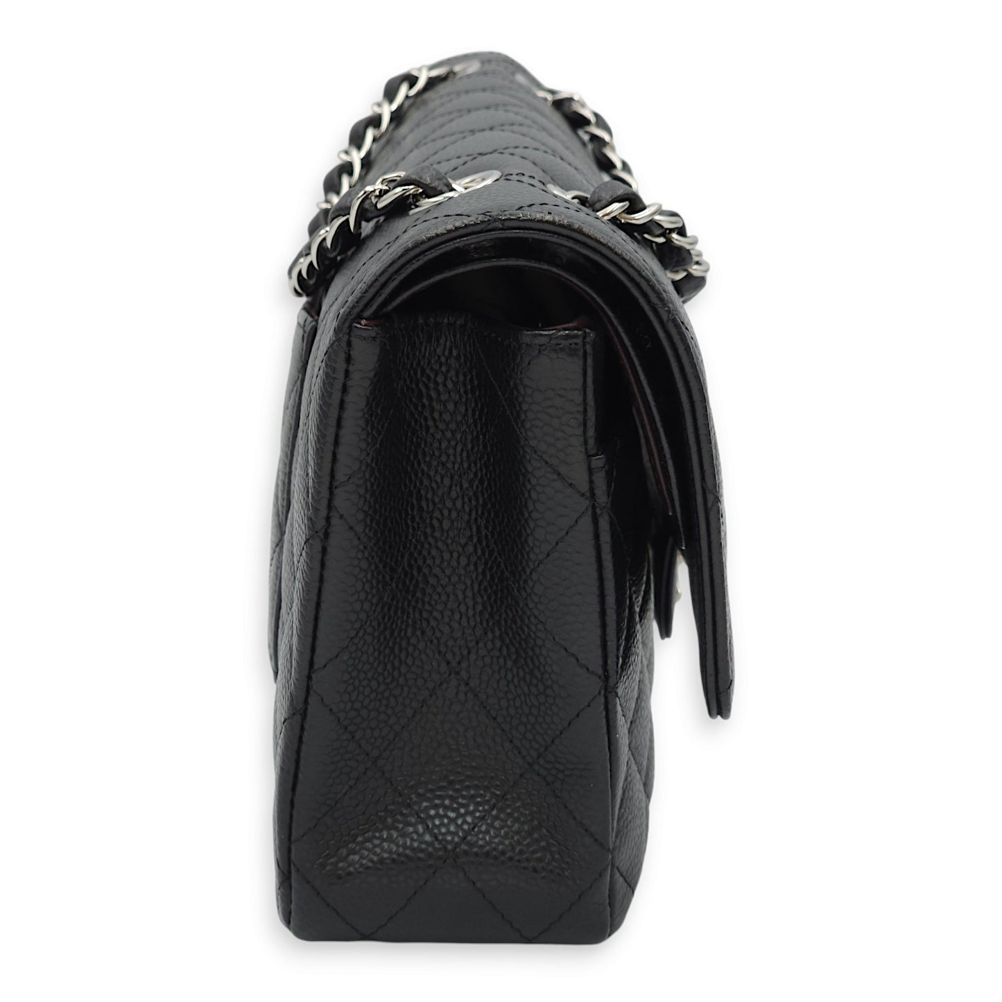 Classic Double Flap Medium Black Shoulder Bag in Caviar Leather, Silver hardware