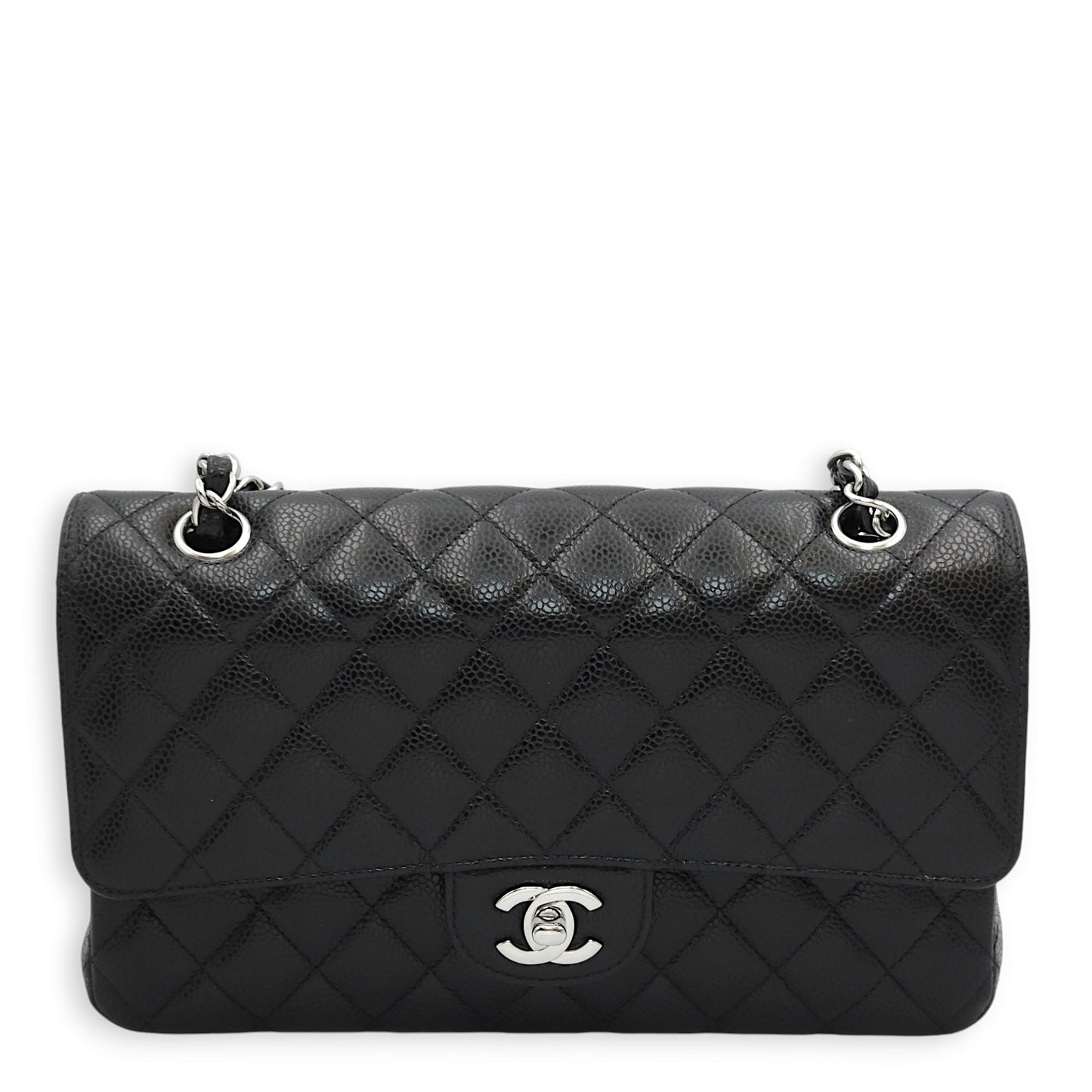 Classic Double Flap Medium Black Shoulder Bag in Caviar Leather, Silver hardware