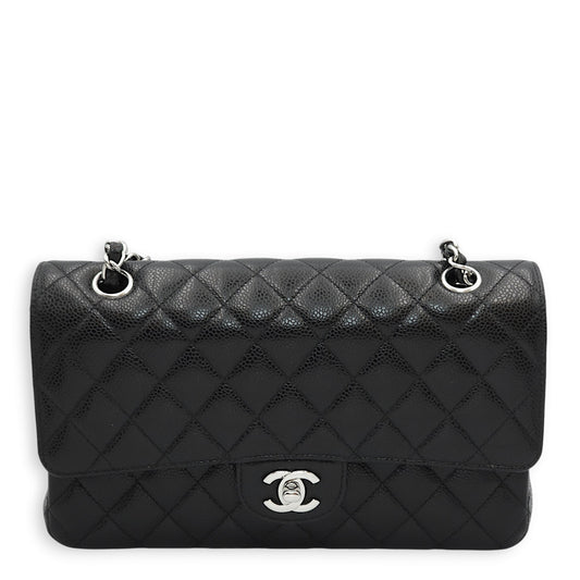 Classic Double Flap Medium Black Shoulder Bag in Caviar Leather, Silver hardware