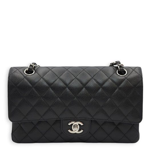 Classic Double Flap Medium Black Shoulder Bag in Caviar Leather, Silver hardware