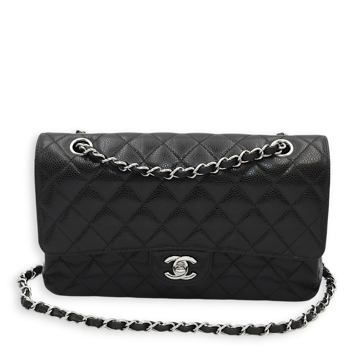 Classic Double Flap Medium Black Shoulder Bag in Caviar Leather, Silver hardware