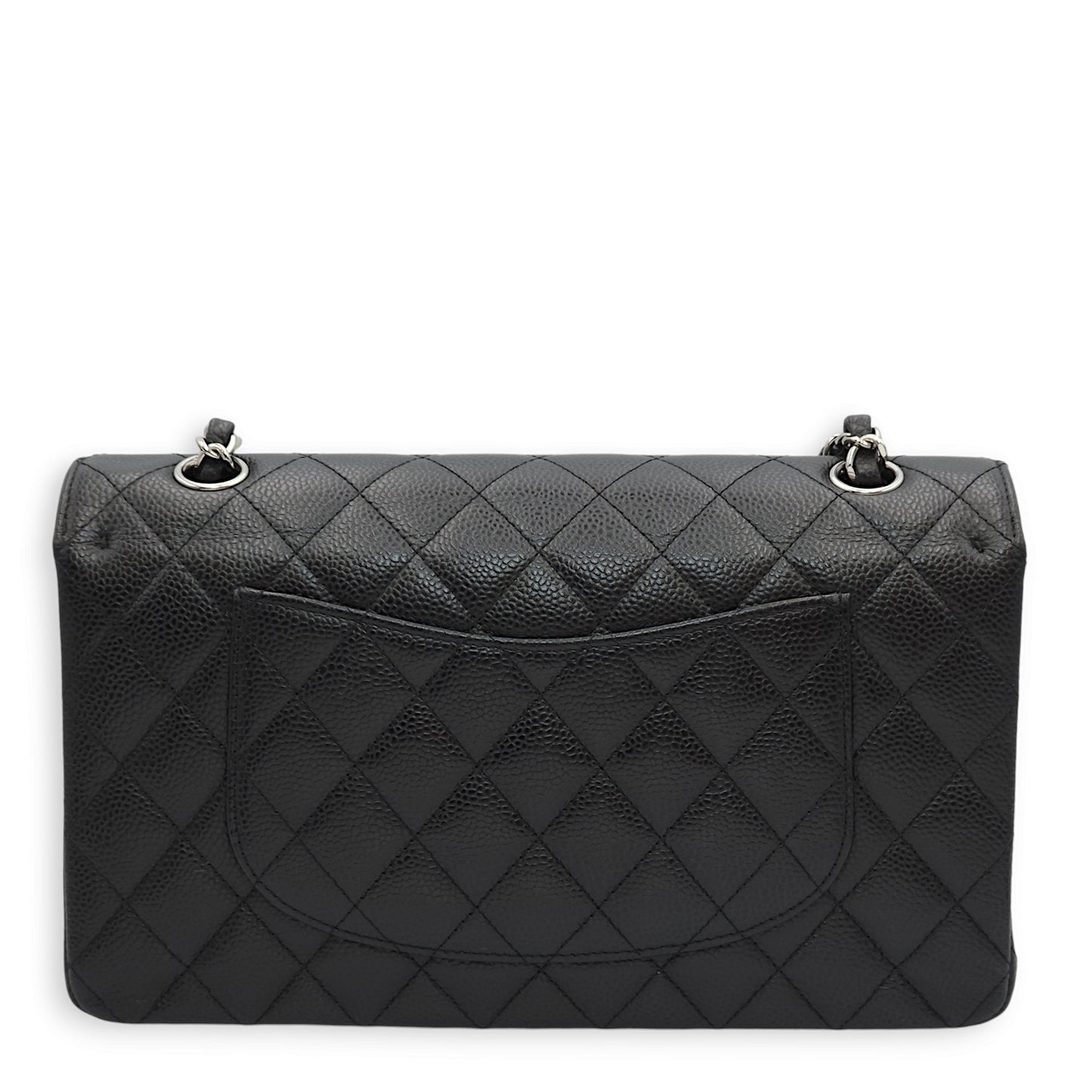 Classic Double Flap Medium Black Shoulder Bag in Caviar Leather, Silver hardware