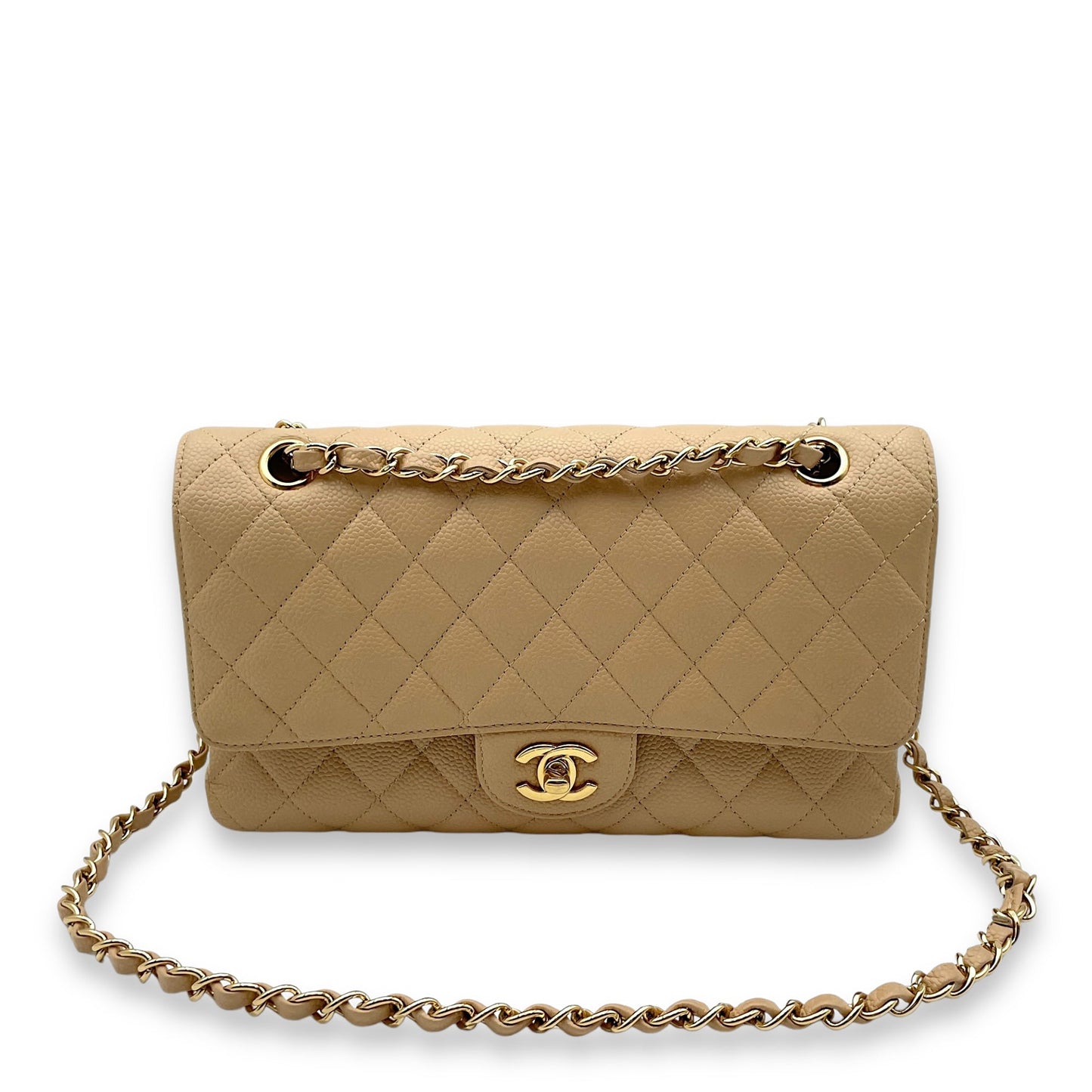 Classic Double Flap Medium Beige Shoulder Bag in Caviar, Gold hardware