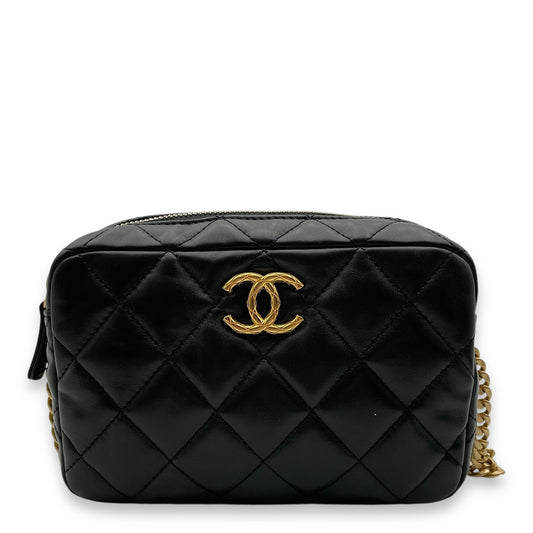 All Slide Camera Black Crossbody Bag in Lambskin, Gold hardware