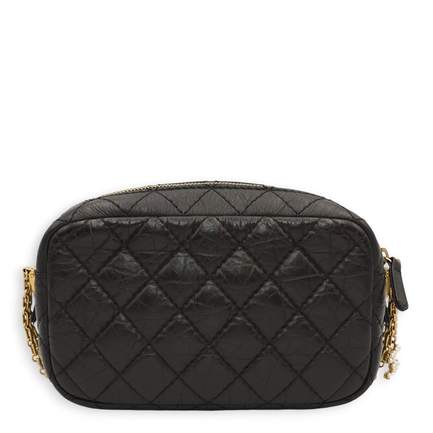 Reissue Camera Small Black Crossbody Bag in Distressed Calfskin, Gold hardware