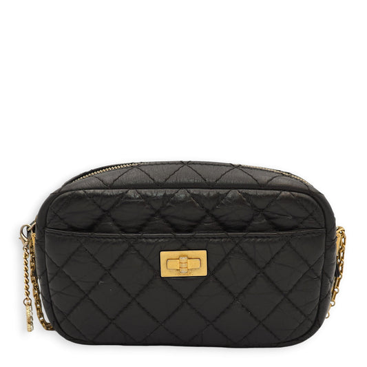 Reissue Camera Small Black Crossbody Bag in Distressed Calfskin, Gold hardware