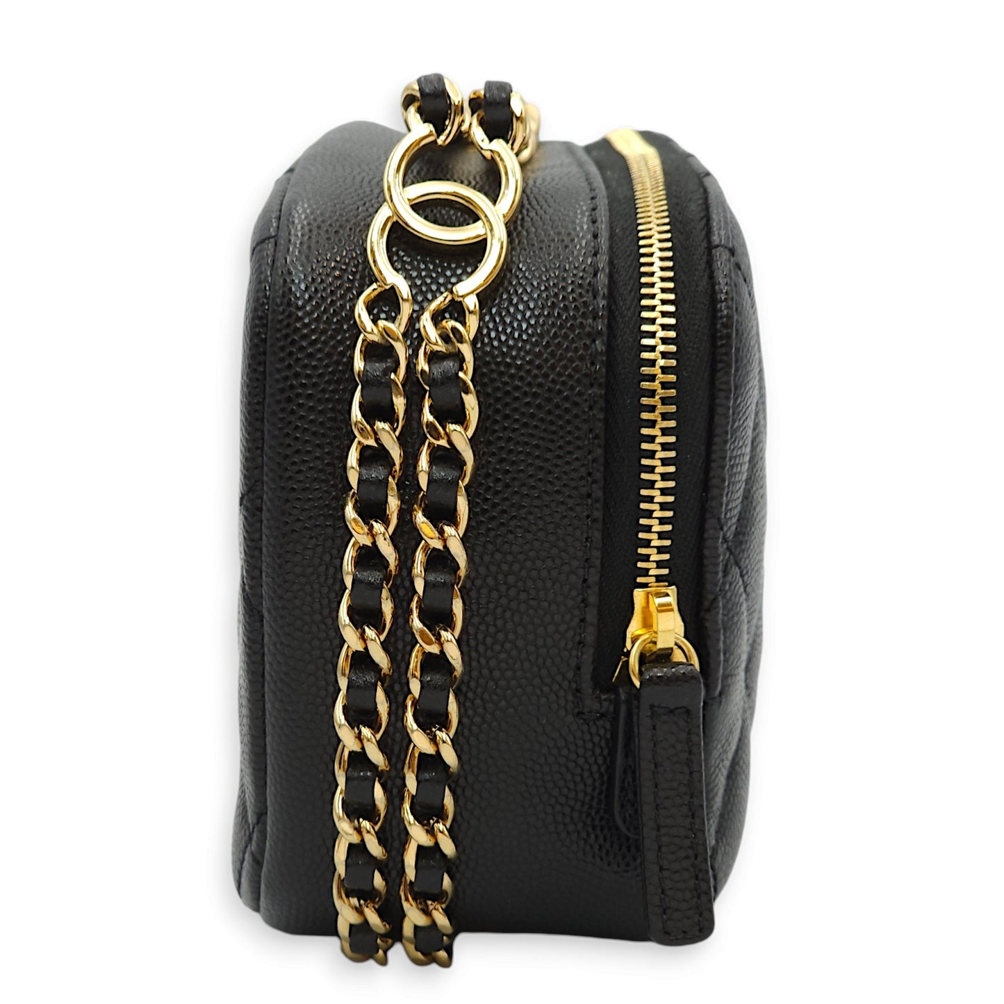 23C Quilted Camera Mini Black Crossbody Bag in Caviar Leather, Gold hardware