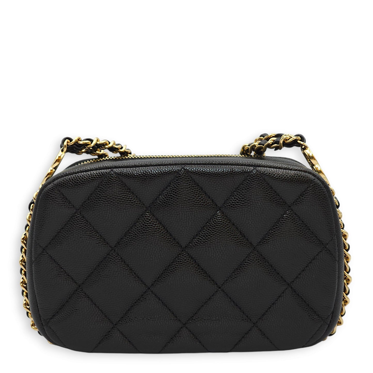 23C Quilted Camera Mini Black Crossbody Bag in Caviar Leather, Gold hardware