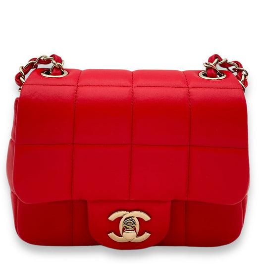 Monacoco Flap Mini Red Crossbody Bag in Lambskin, Light Gold hardware