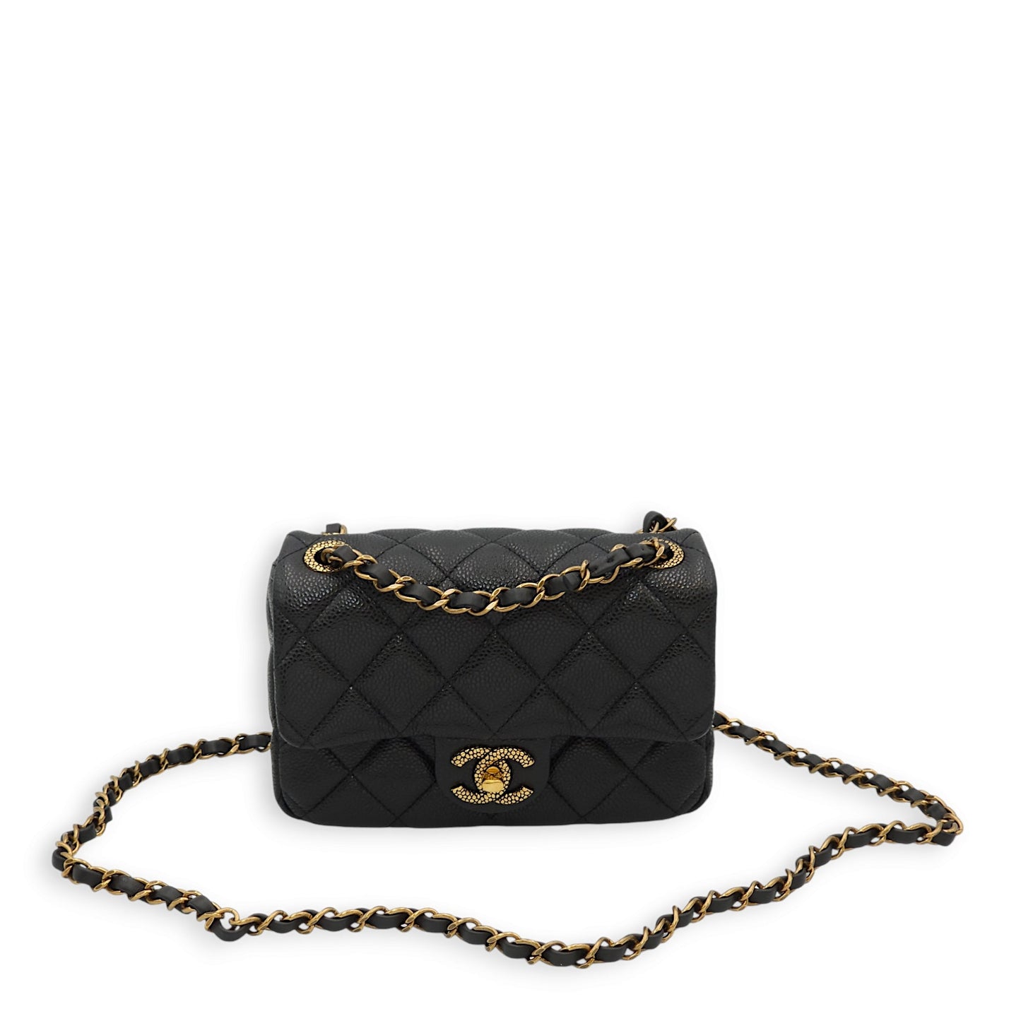 Quilted Seasonal Flap Mini Black Crossbody Bag in Caviar Leather, Gold hardware