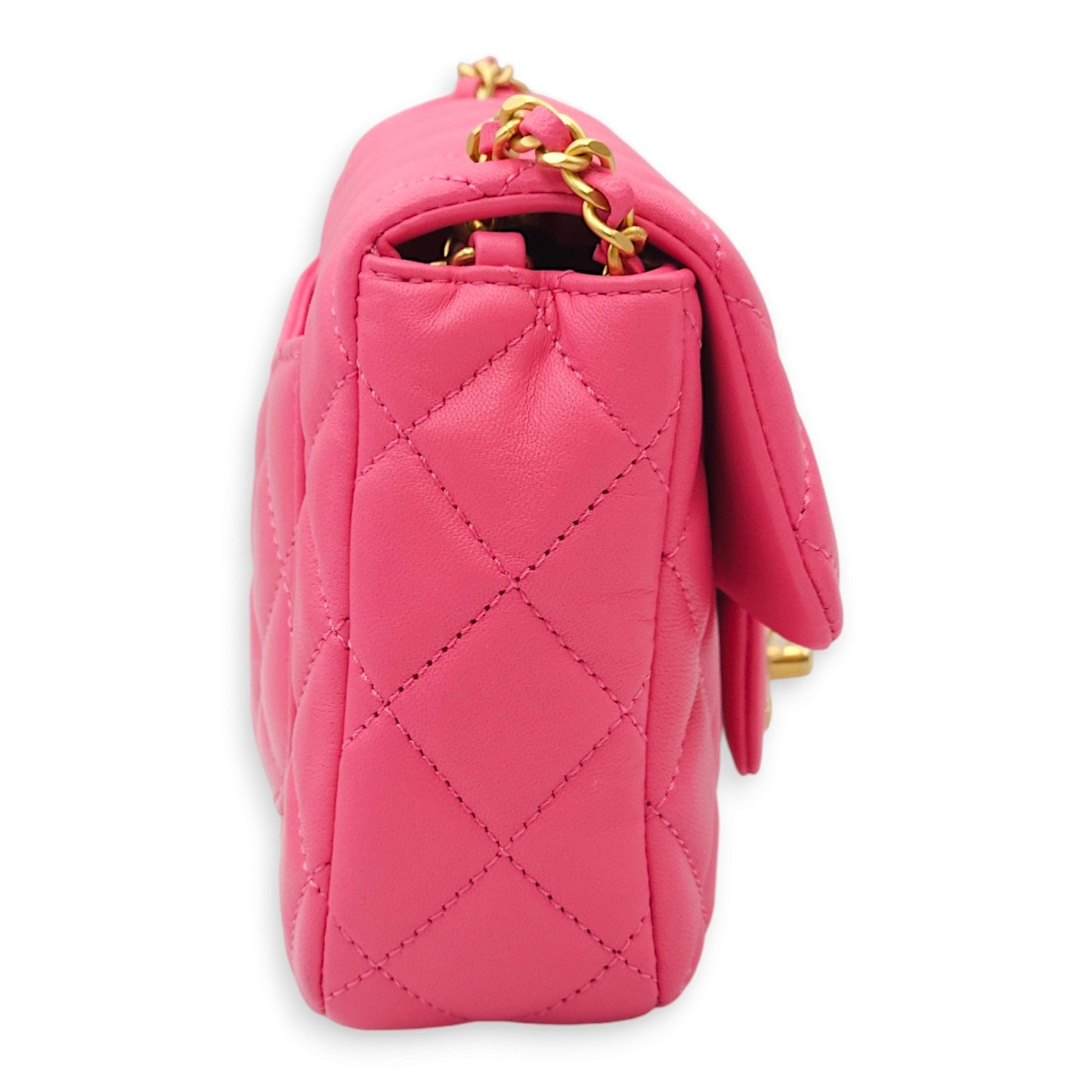 Classic Square Flap with Heart Charm Mini Bubble Gum Pink Crossbody Bag in Lambskin, Gold hardware