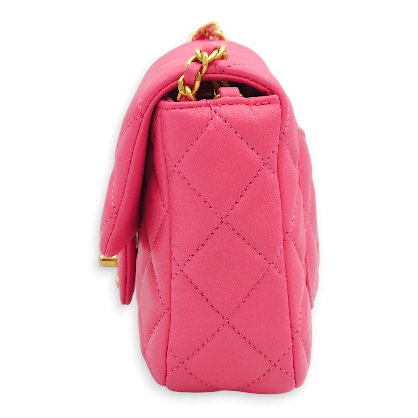 Classic Square Flap with Heart Charm Mini Bubble Gum Pink Crossbody Bag in Lambskin, Gold hardware