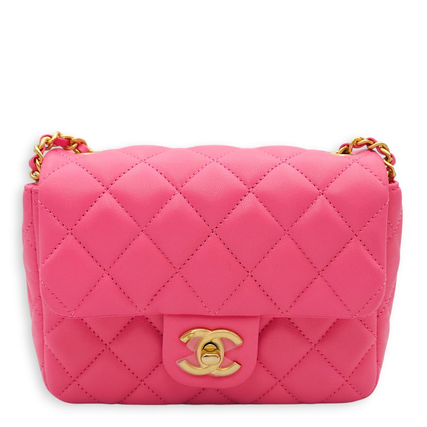 Classic Square Flap with Heart Charm Mini Bubble Gum Pink Crossbody Bag in Lambskin, Gold hardware