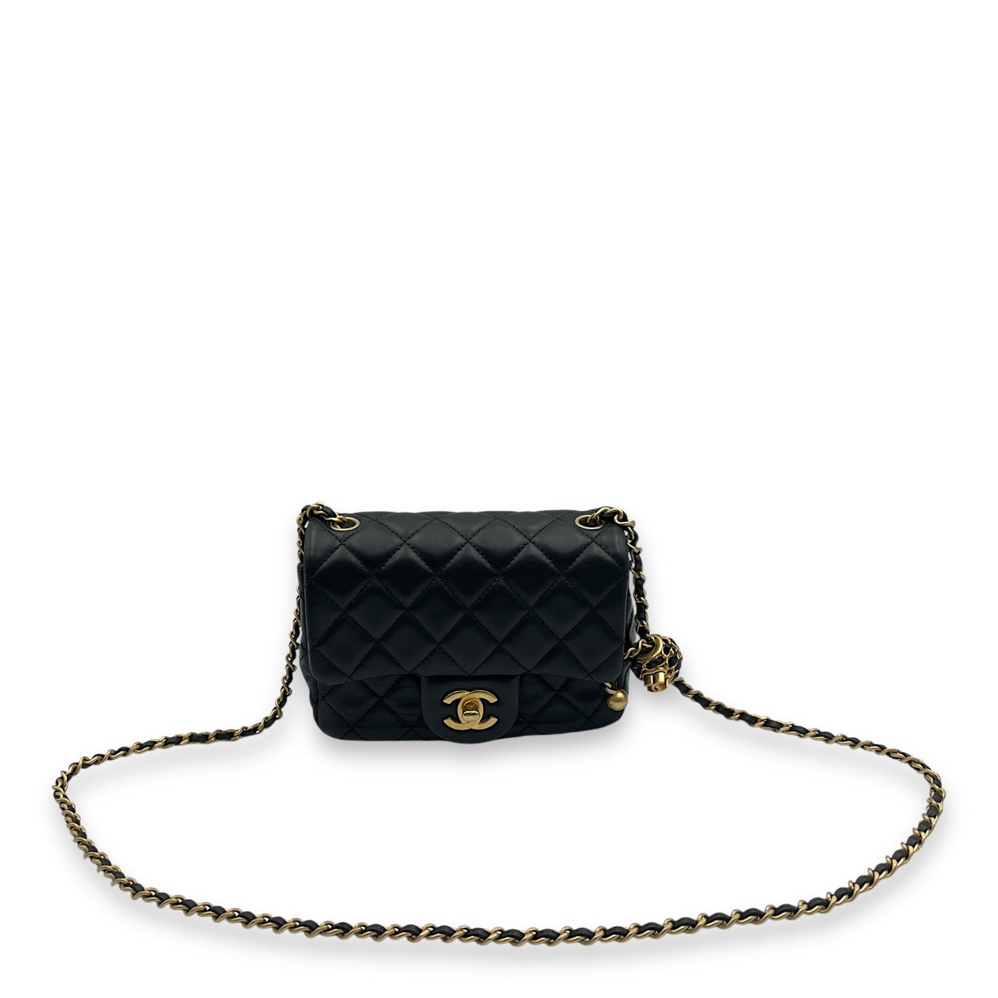 Pearl Crush Mini Square Mini Black Crossbody Bag in Lambskin, Gold hardware