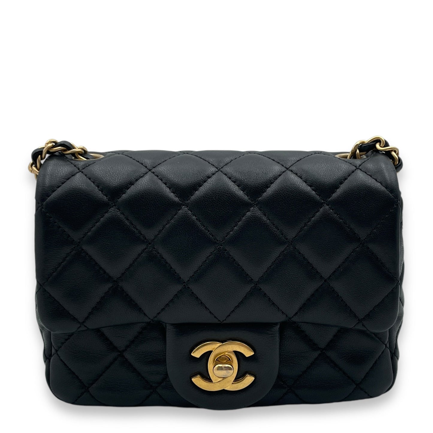 Pearl Crush Mini Square Mini Black Crossbody Bag in Lambskin, Gold hardware