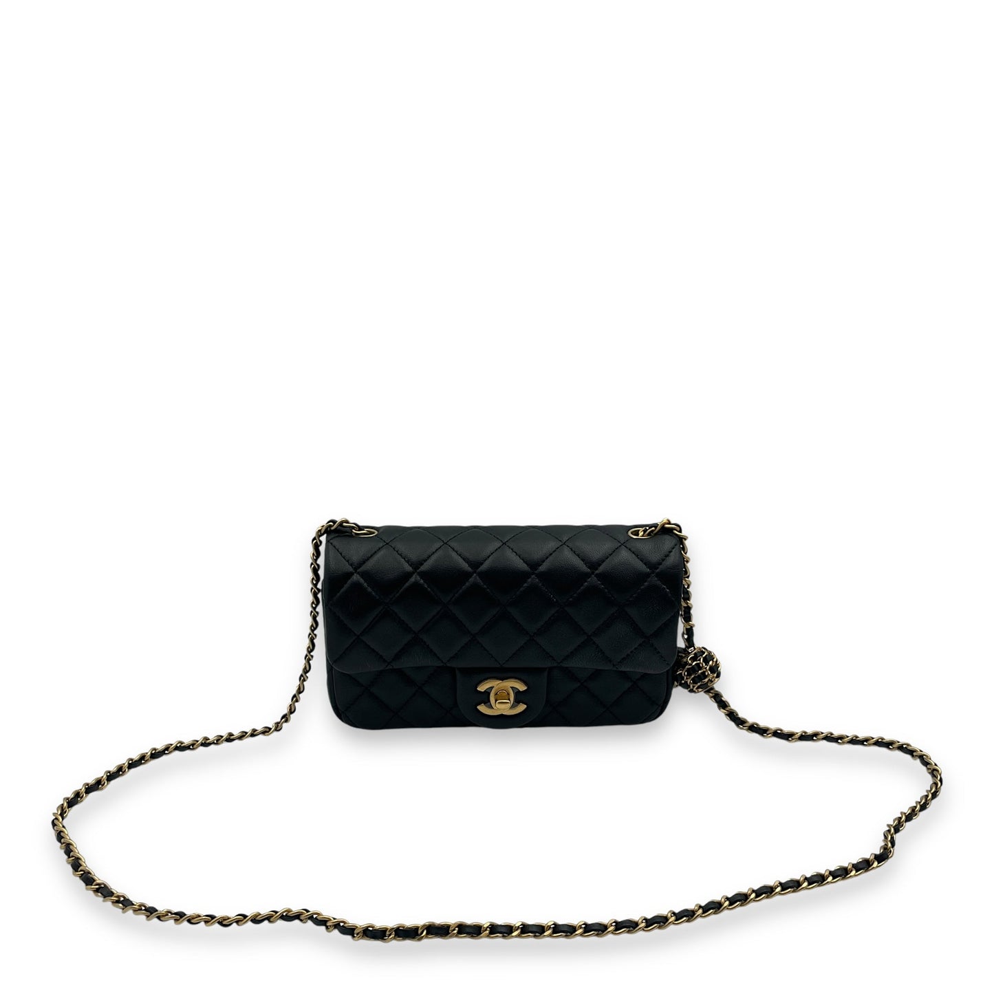 Pearl Crush Mini Rectangle Mini Black Crossbody Bag in Lambskin, Gold hardware