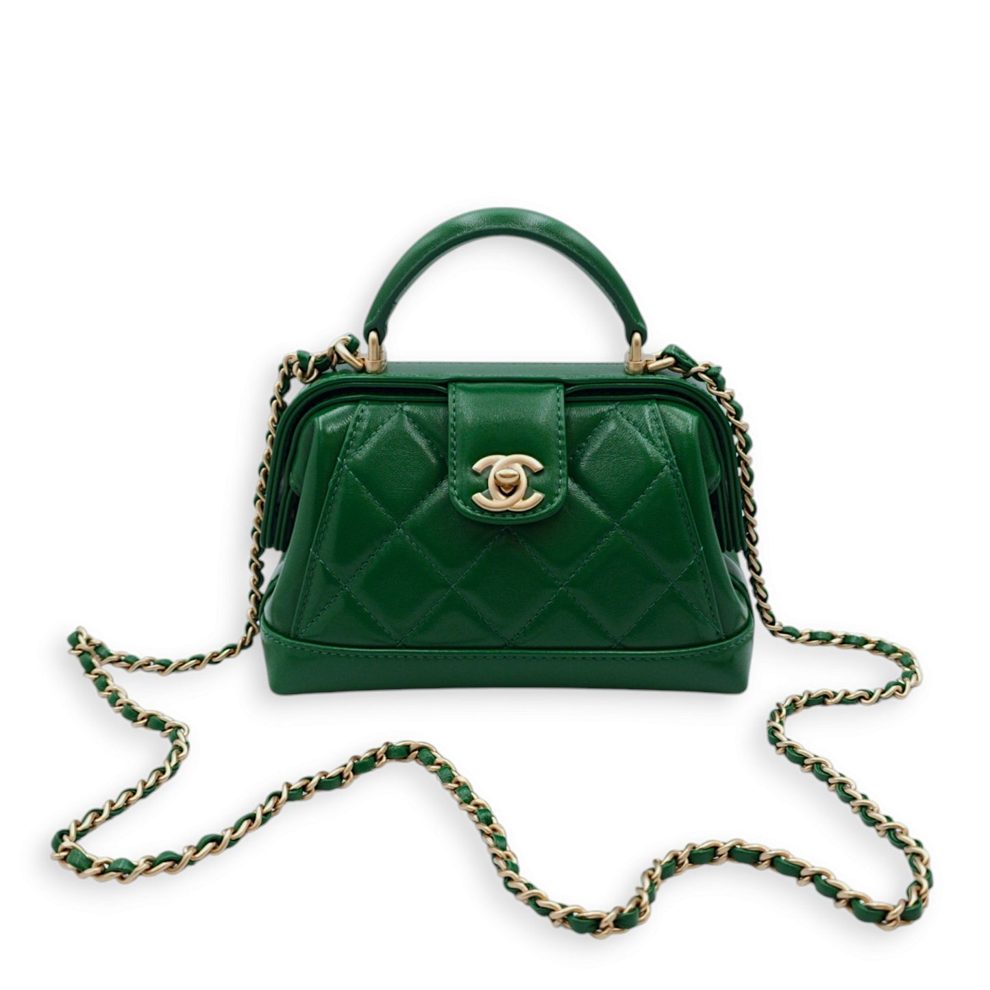 Mini Bag with Top Handle 18x12x7cm Emerald Green Crossbody Bag in Shiny Lambskin, Gold hardware