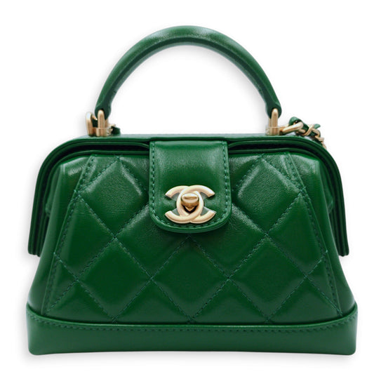 Mini Bag with Top Handle 18x12x7cm Emerald Green Crossbody Bag in Shiny Lambskin, Gold hardware