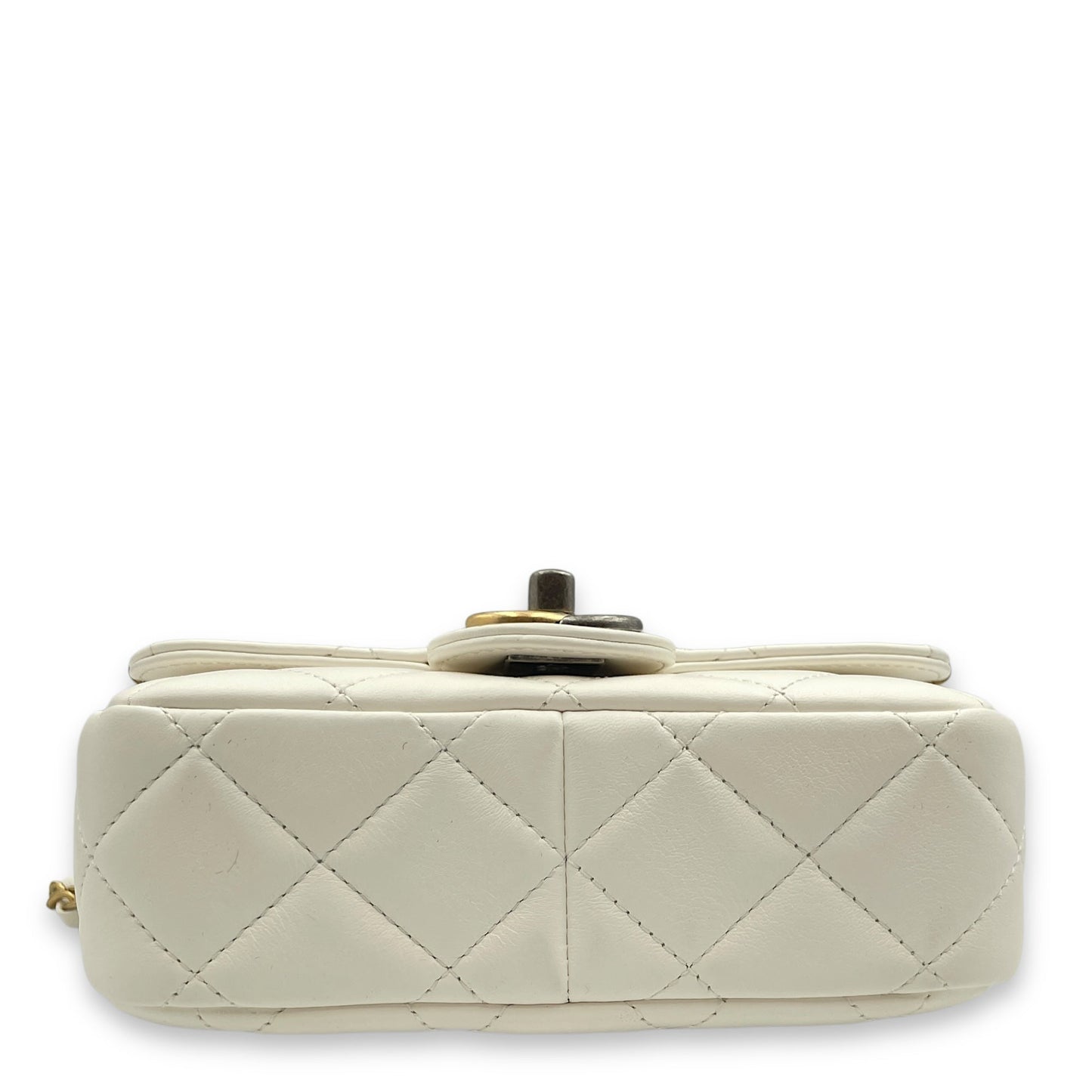 Quilted Coco Clip Mini White Crossbody Bag in Lambskin, Gold hardware