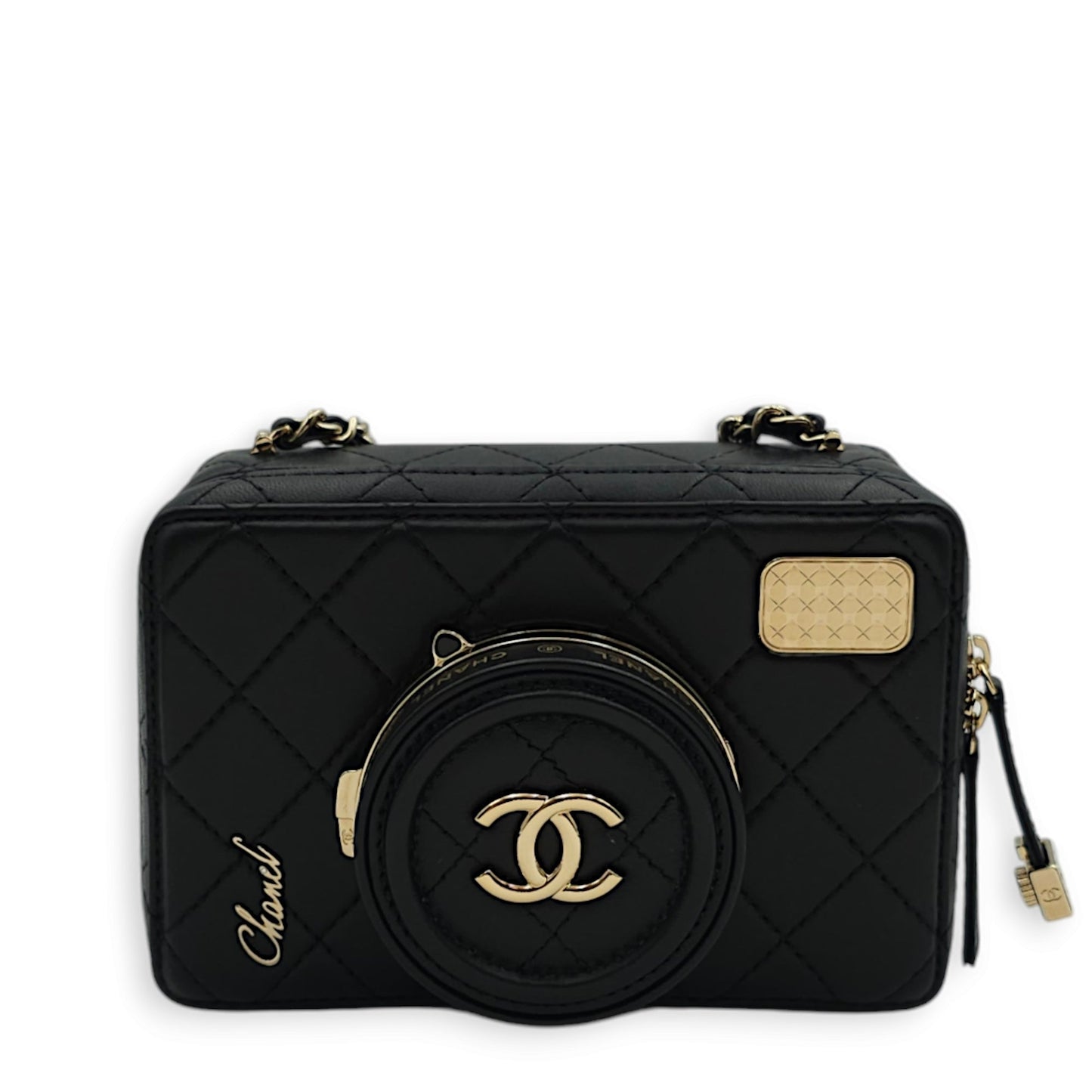 Camera Black Crossbody Bag in Lambskin, Gold hardware