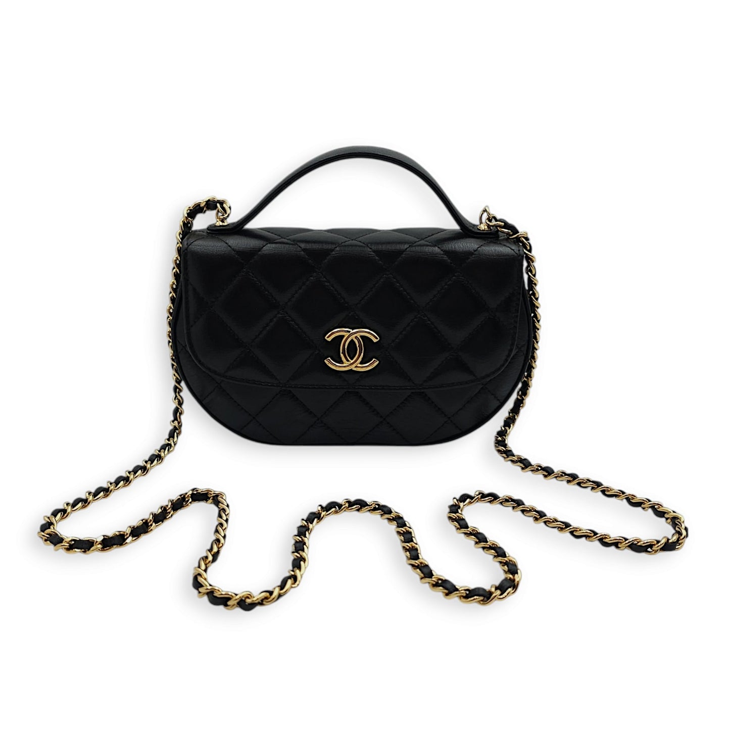 Quilted Half-moon Black Crossbody Bag in Lambskin, Gold hardware