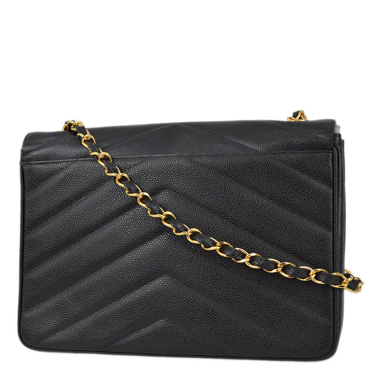Chanel 1994-1996 Black Caviar Jumbo Chevron Letter Flap Bag