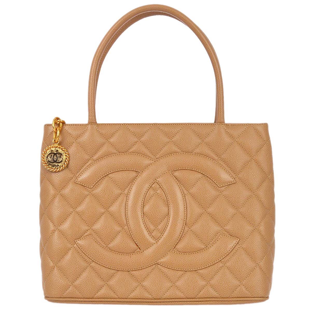 Chanel 2001-2003 Beige Caviar Medallion Tote Handbag