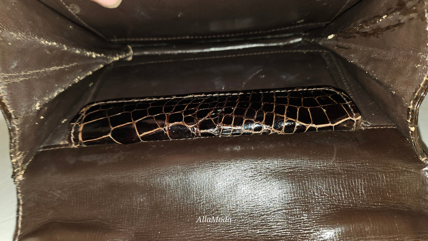 Fendi brown crocodile leather bag w two-tone chain strap & XL FF clasp