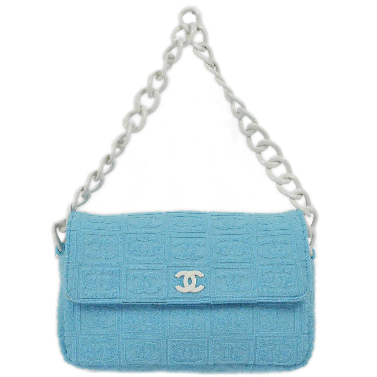 Chanel Light Blue Cotton Straight Flap Acrylic Chain Handbag