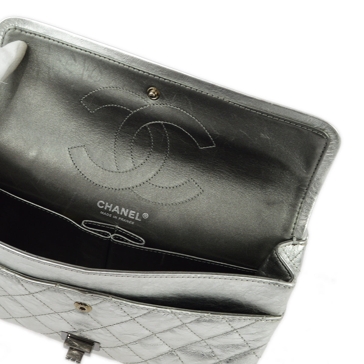 Chanel Silver Lambskin 2.55 Classic Double Flap Shoulder Bag