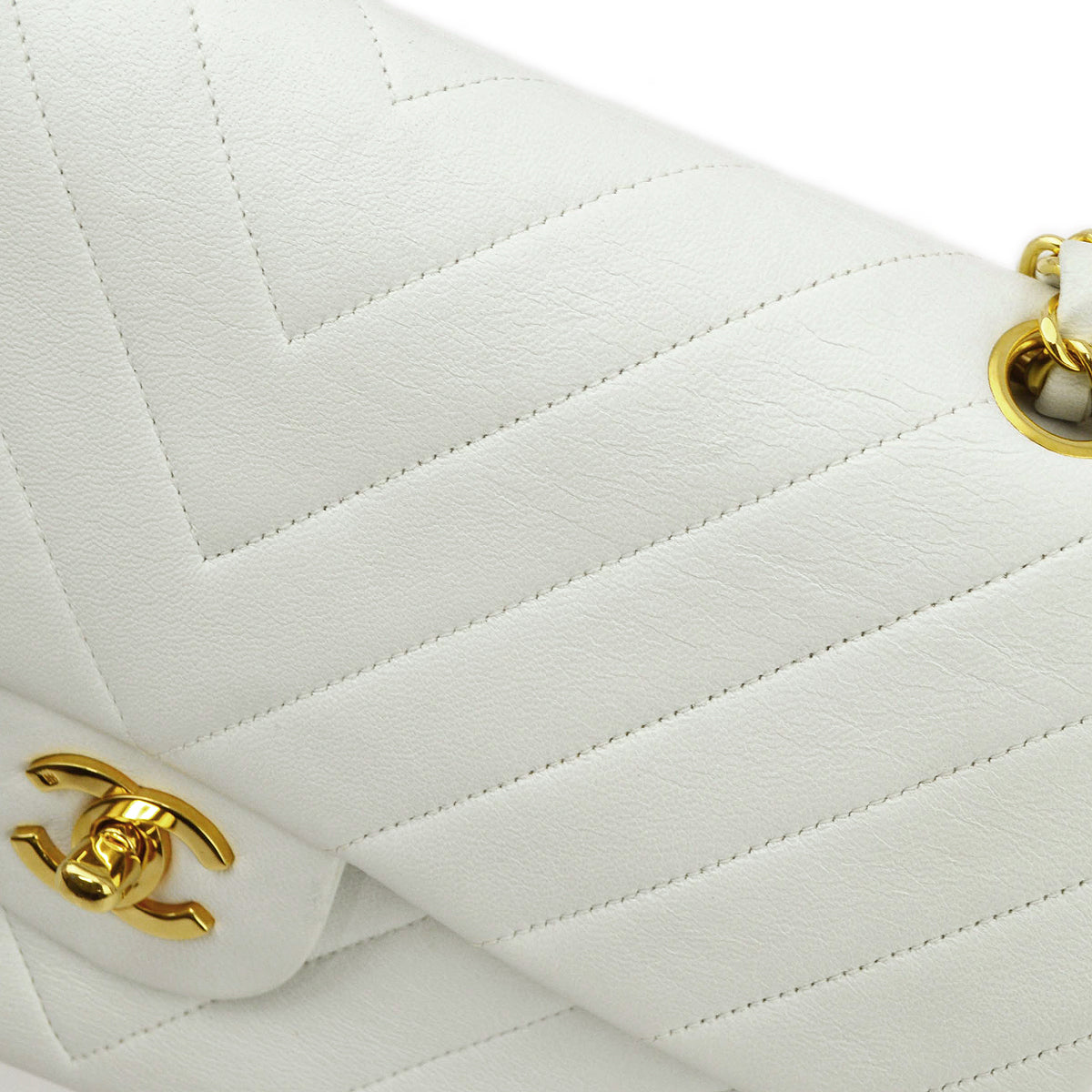 Chanel White Lambskin V Stitch Medium Classic Double Flap Shoulder Bag