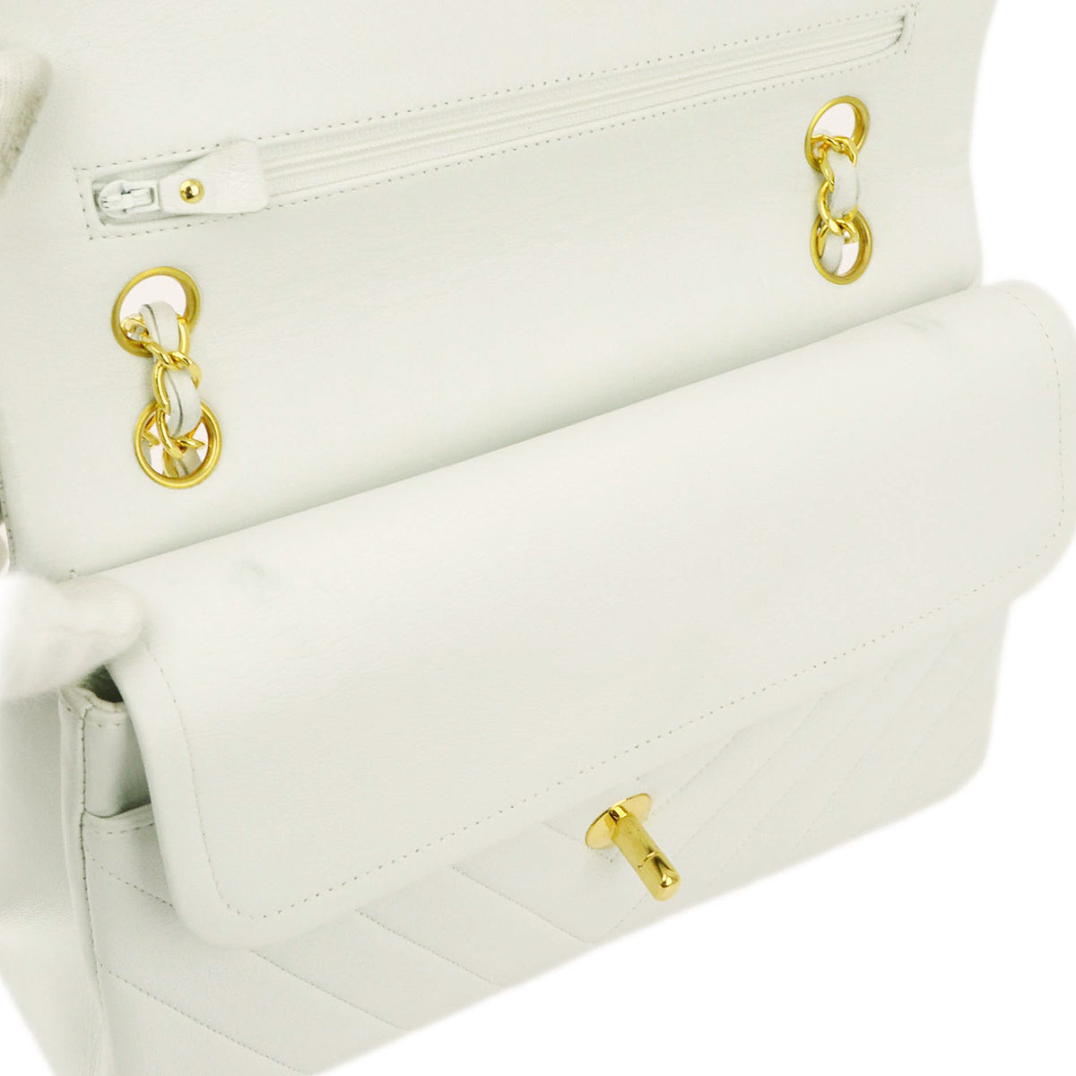 Chanel White Lambskin V Stitch Medium Classic Double Flap Shoulder Bag