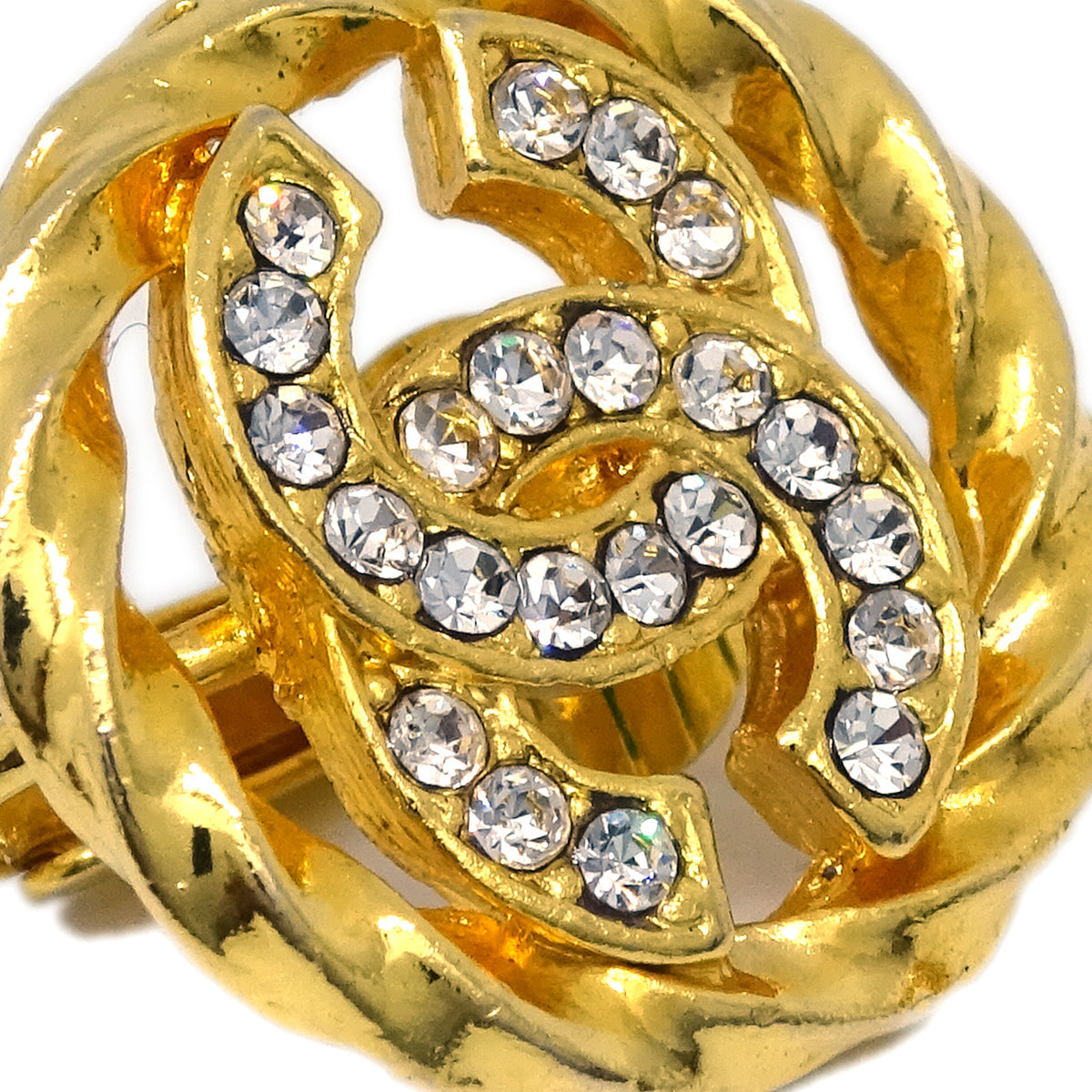 Chanel Gold Button Earrings Clip-On Rhinestone 2137
