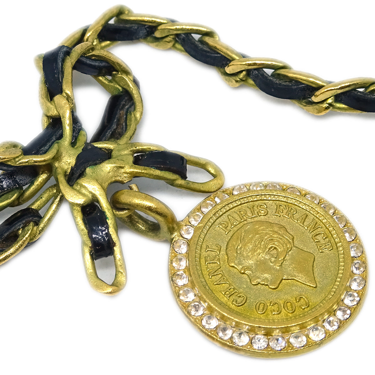 Chanel Gold Black Bow Medallion Rhinestone Pendant Necklace 95P