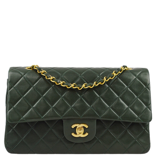 Chanel * 1989-1991 Green Lambskin Medium Classic Double Flap Shoulder Bag