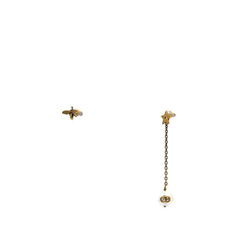 Dior Aged Gold Metal Pearl Bee Star CD Drop Chain Earrings