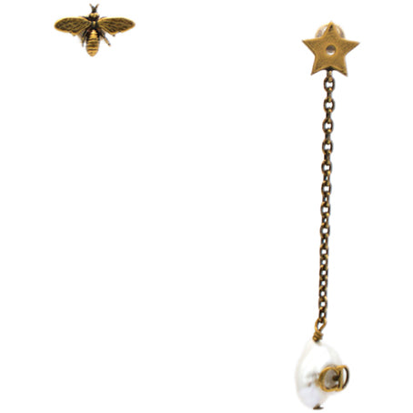 Dior Aged Gold Metal Pearl Bee Star CD Drop Chain Earrings