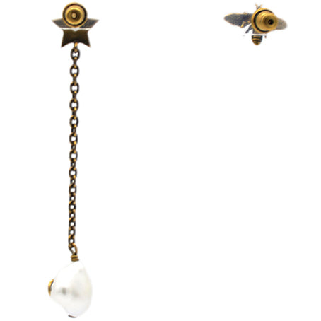 Dior Aged Gold Metal Pearl Bee Star CD Drop Chain Earrings