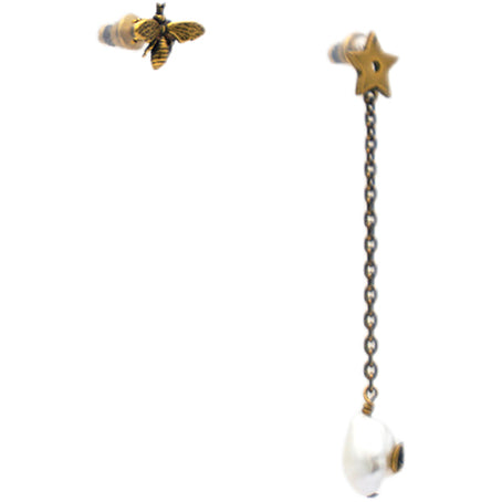 Dior Aged Gold Metal Pearl Bee Star CD Drop Chain Earrings
