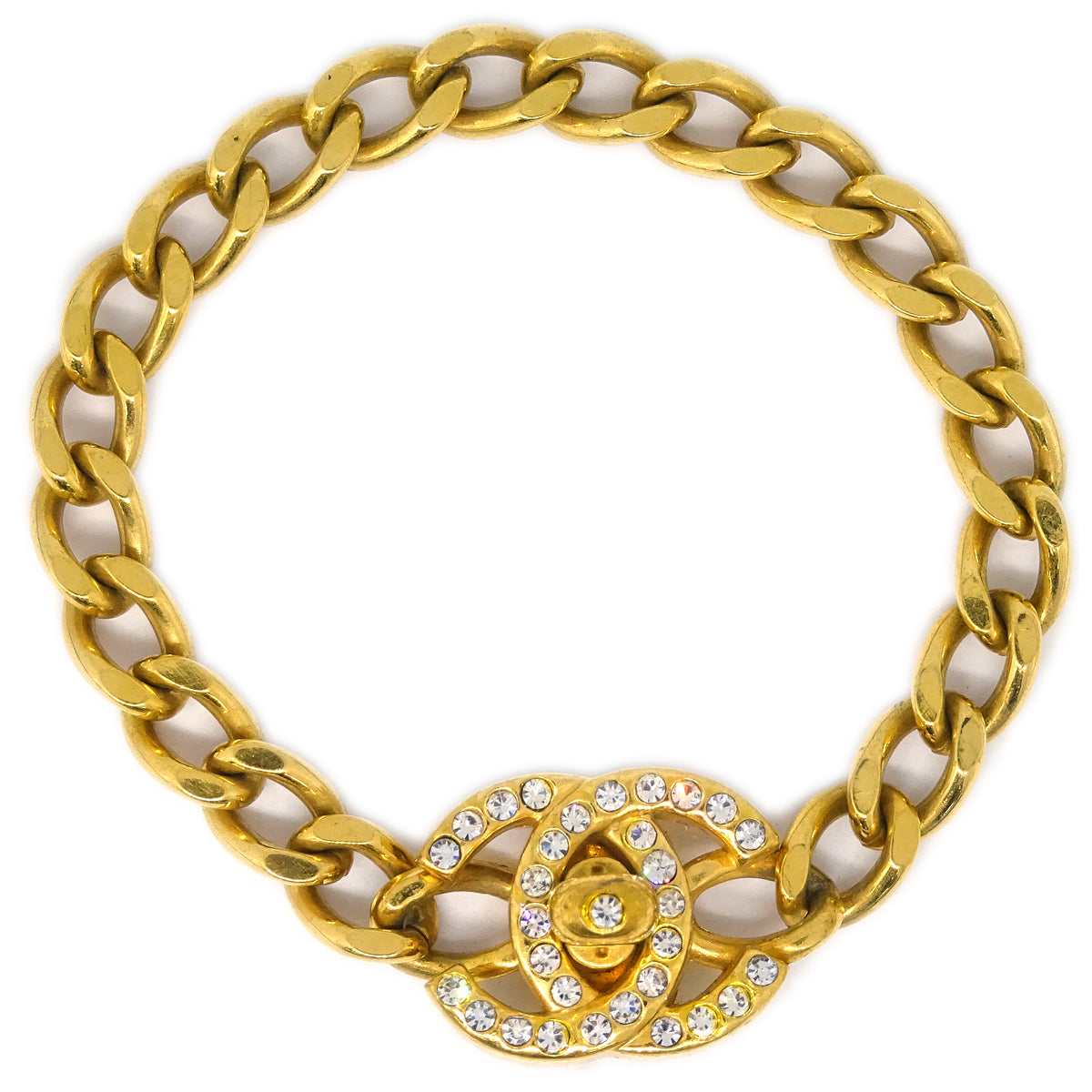 Chanel Turnlock Rhinestone Gold Chain Bracelet 96A
