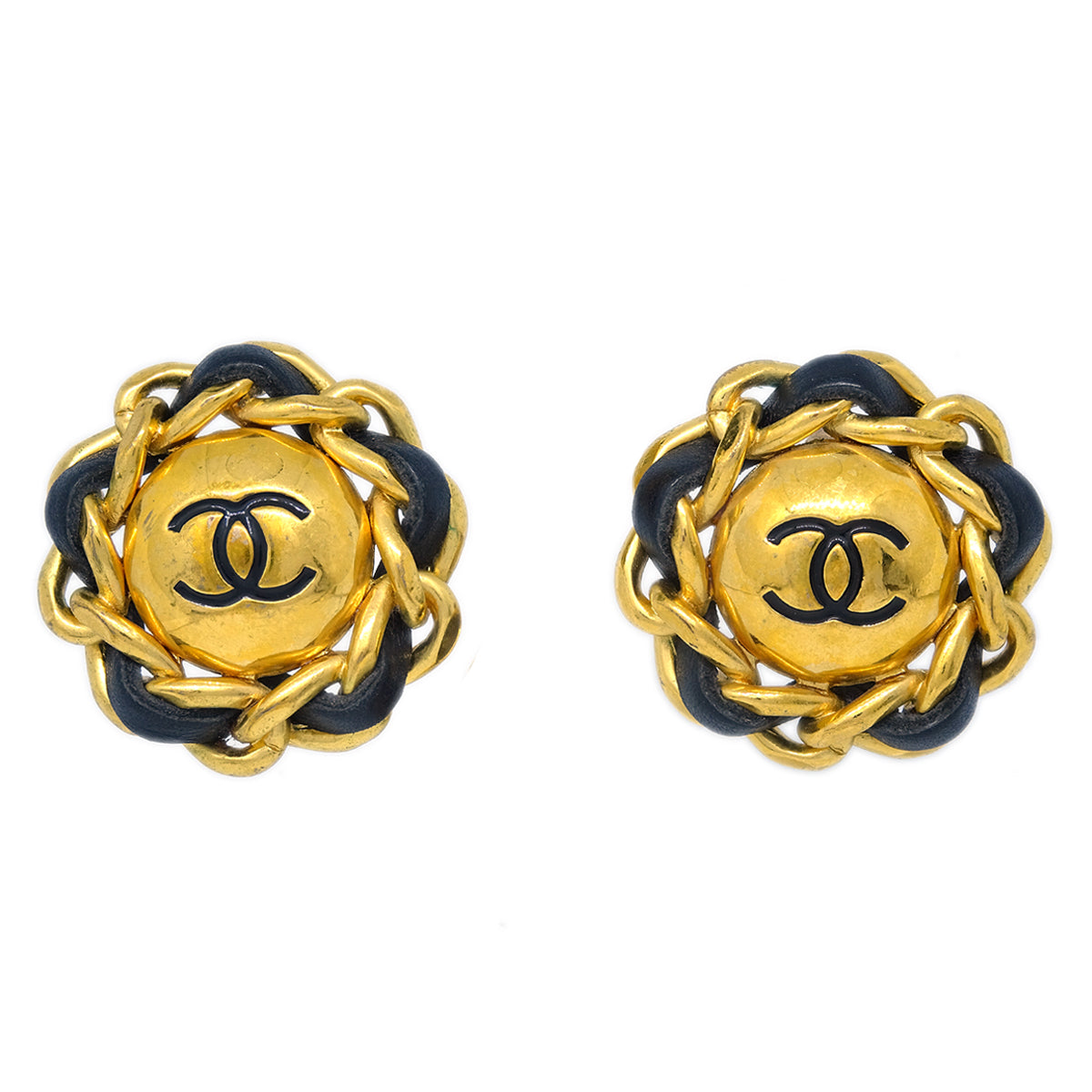 Chanel Gold Black Button Earrings Clip-On 93P