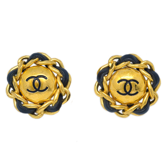 Chanel Gold Black Button Earrings Clip-On 93P