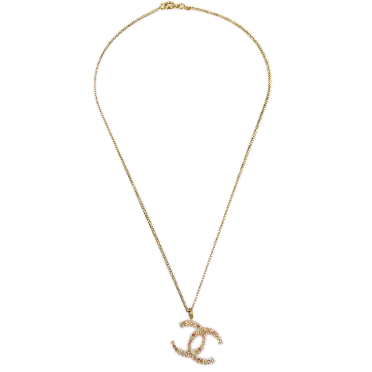 Chanel CC Chain Pendant Necklace Rhinestone Gold 04A