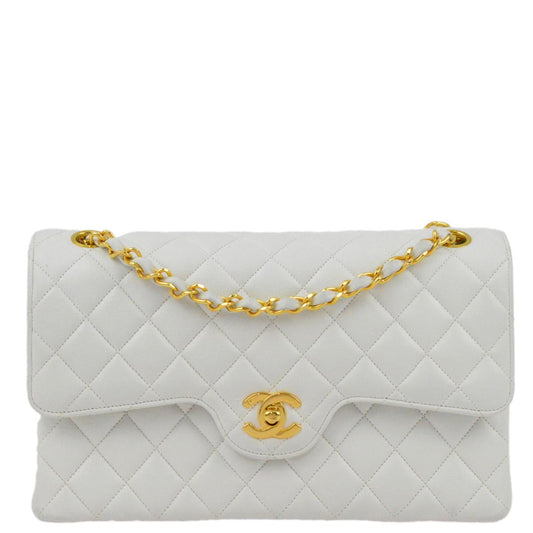 Chanel 1991-1994 White Lambskin Medium Double Flap Shoulder Bag